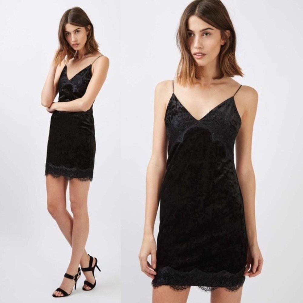 Topshop Black Velvet Lace Trim Slip Dress